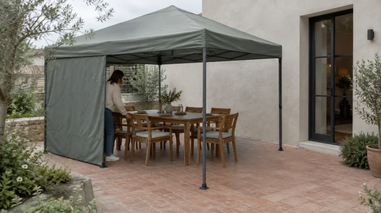 Carpa plegable con una pared lateral sobre una mesa y sillas en un patio con el acceso libre.