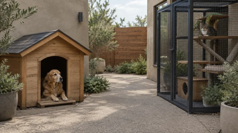 Perro descansando junto a una casa exterior y gato dentro de un catio en un patio.