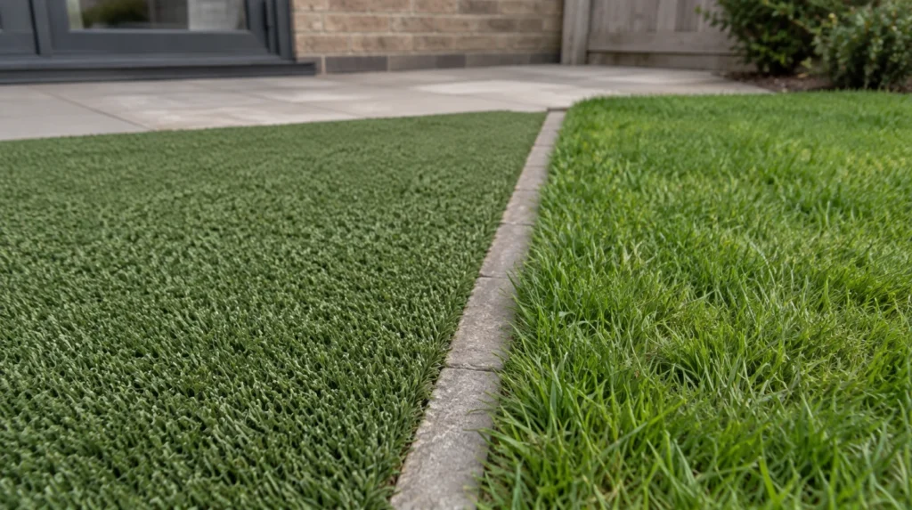 Pasto sintético instalado junto a pasto inglés vivo en un patio.