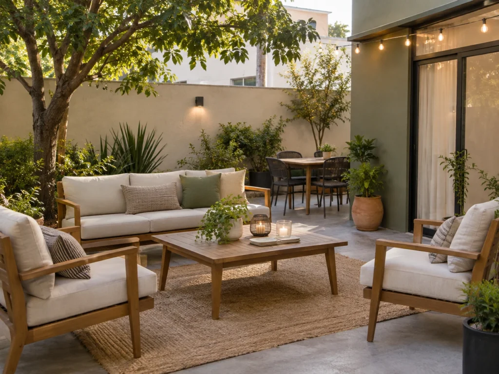 Patio de una vivienda preparado para convivir, con asientos, plantas y decoración sencilla.