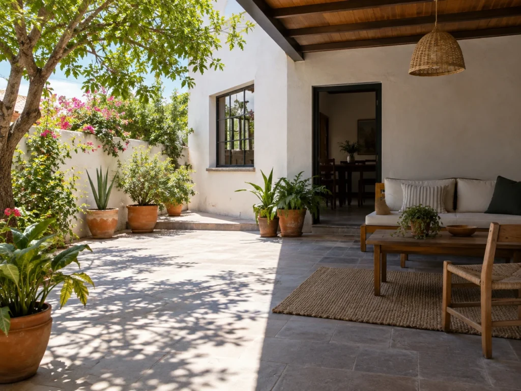 Patio doméstico con plantas y una zona de descanso parcialmente protegida del sol.