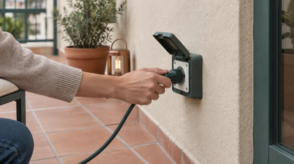 Qué tener en cuenta al elegir un enchufe para exterior 1 Una mano conecta una luz a un enchufe para exterior instalado en la pared de una terraza.