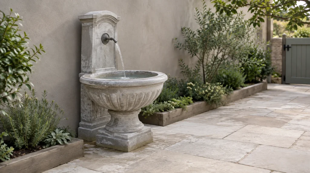 Fuente de piedra con agua en un jardín doméstico y espacio libre alrededor para acceder a ella.