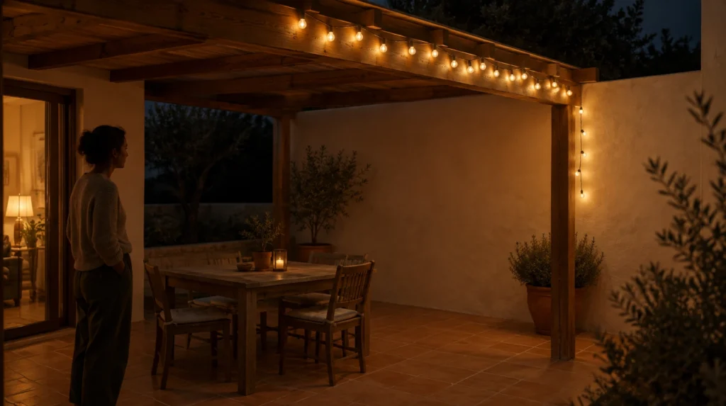 Guirnalda cálida que perfila una pérgola sobre un comedor exterior, con una caída corta de luces en el muro.