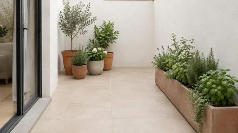 Macetas individuales y una jardinera junto al muro de un patio pequeño, con el paso despejado.