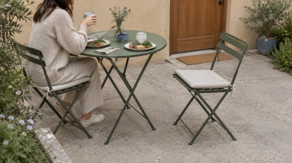 Mesa plegable o redonda para exterior: elige según tu espacio y cómo la usarás 1 Mesa redonda plegable abierta en un patio compacto, con una persona sentada y espacio libre para pasar.