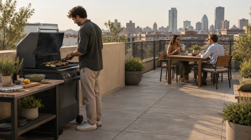 Persona cocinando en un asador exterior con una mesa de apoyo cercana y un paso libre hacia los invitados sentados.
